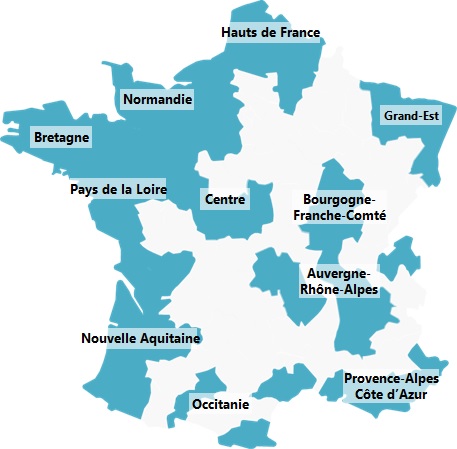 Carte de France, en bleu les départements sur lesquels Régie Radio Régions est présent